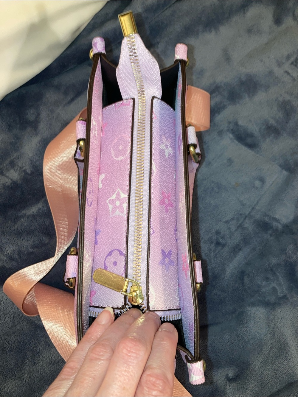 Designer-Inspired Lavender Floral Tote with Pink Strap - Picture 6 of 9